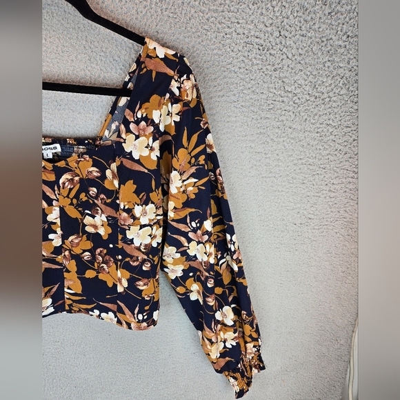 Vigoss Womens Summer Crop Top Long Sleeve Smoked Cuffs Side Zip Floral Browns - Picture 6 of 14